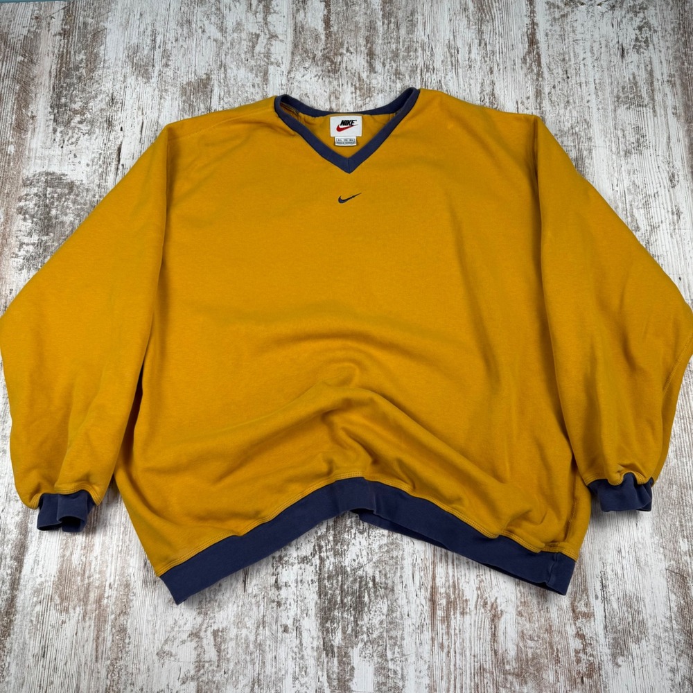Vintage Nike V-Neck Sweatshirt Mens XXL Yellow Navy Blue Embroidered Swoosh Logo